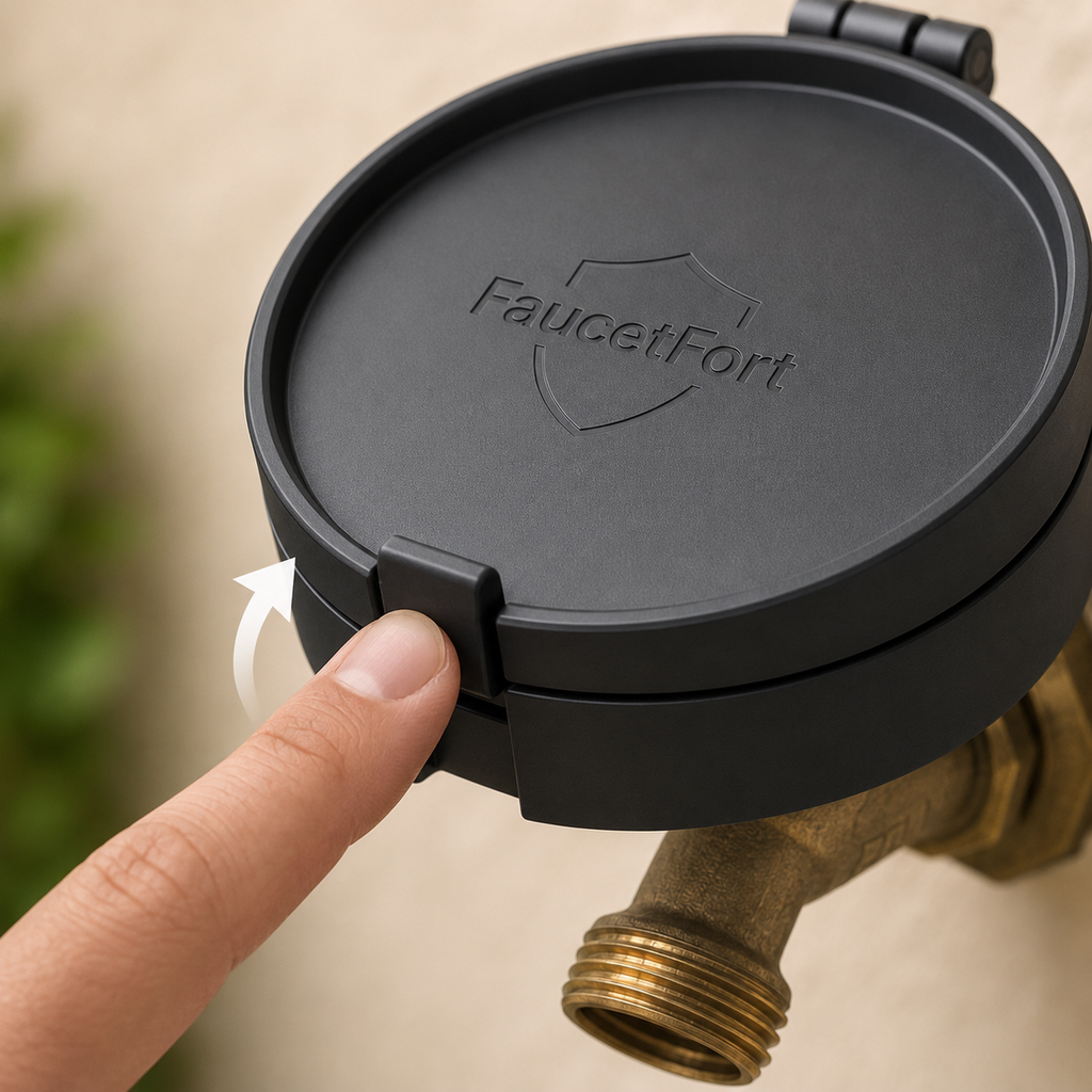Adult pressing the FAUCETFORT latch to open the outdoor faucet cover