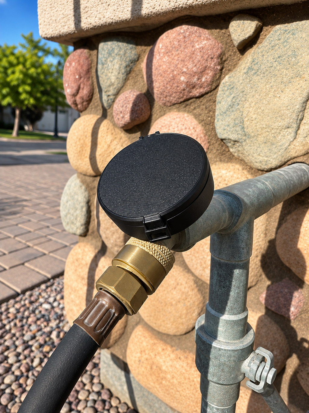 FAUCETFORT installed on an outdoor spigot, cover closed