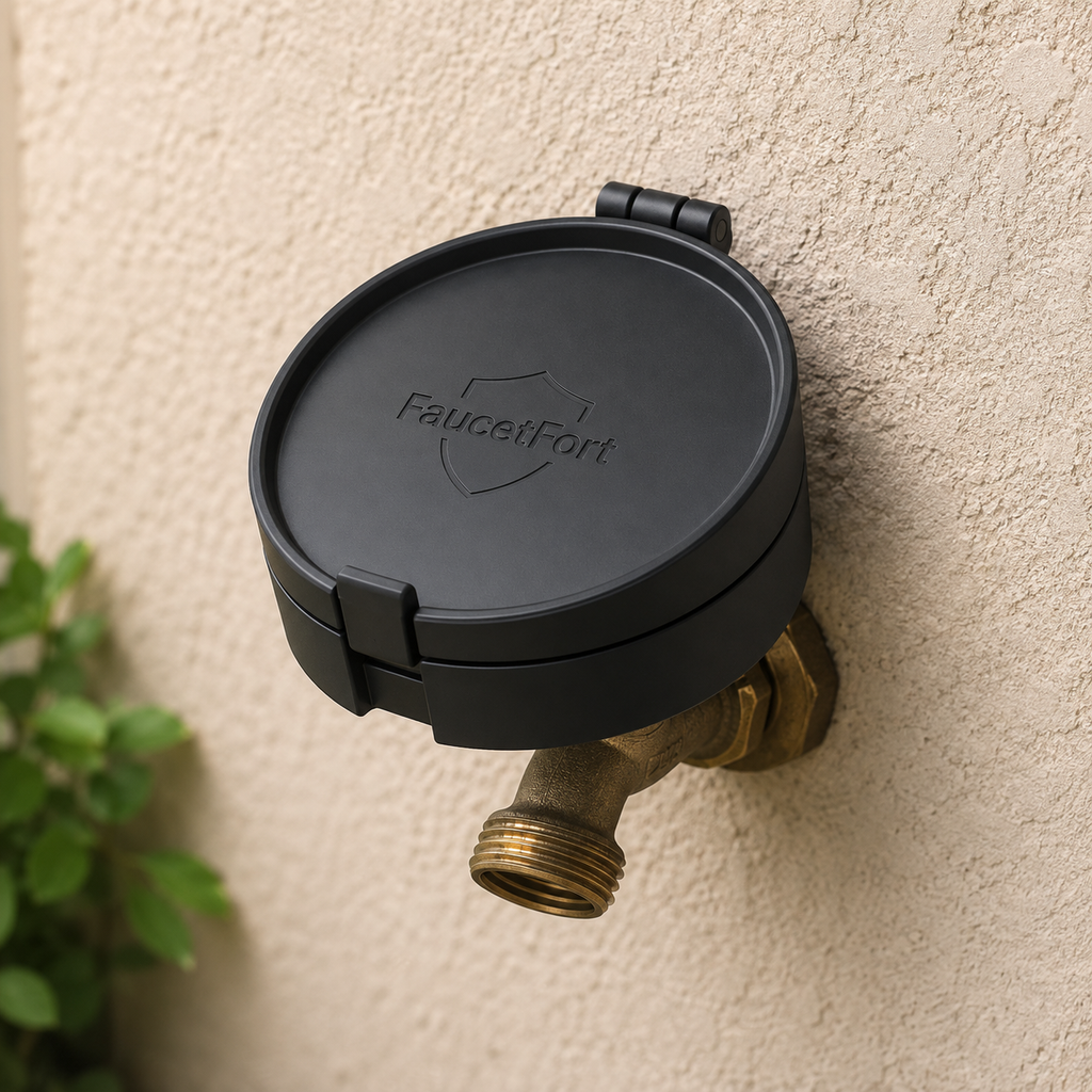 FAUCETFORT child-resistant cover closed over a residential outdoor faucet