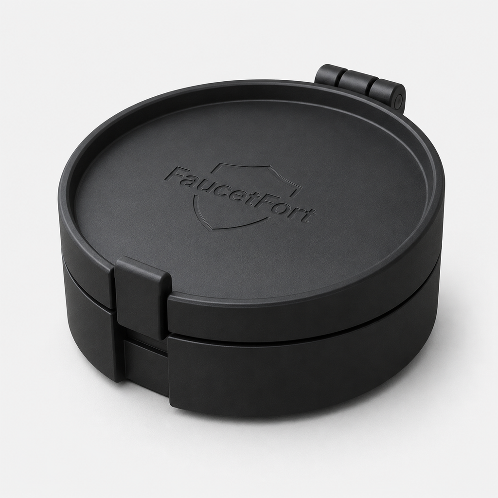 Front view of FAUCETFORT cover closed, latch visible